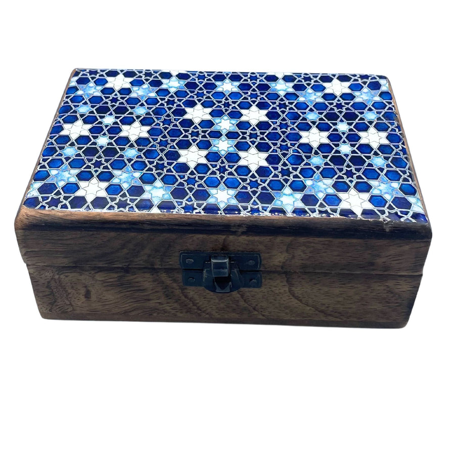 Boîte en Bois Émaillé 15x10x6 cm – Étoiles Bleues