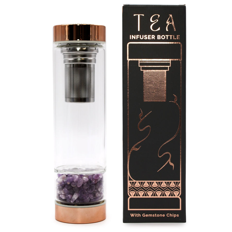 Bouteille Infuseur à Thé en Verre et Cristal – Or Rose & Améthyste