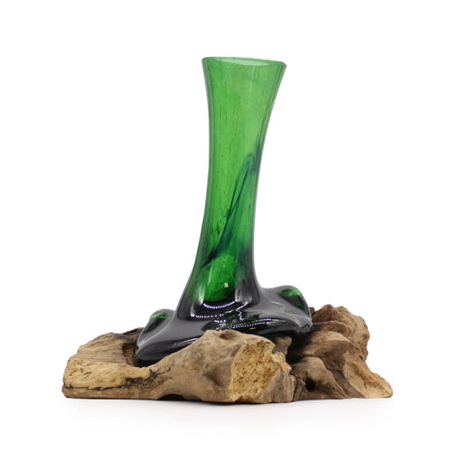 Vase en Verre Recyclé sur Socle Bois – Hauteur 20 cm