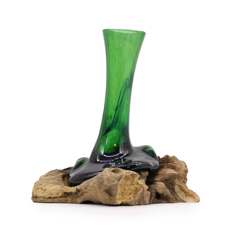 Vase en Verre Recyclé sur Socle Bois – Hauteur 20 cm