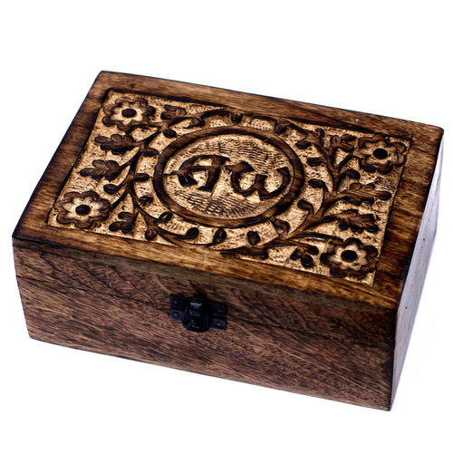 Boîte de Rangement Aromathérapie en Manguier Sculpté – Motif AW (24 flacons)
