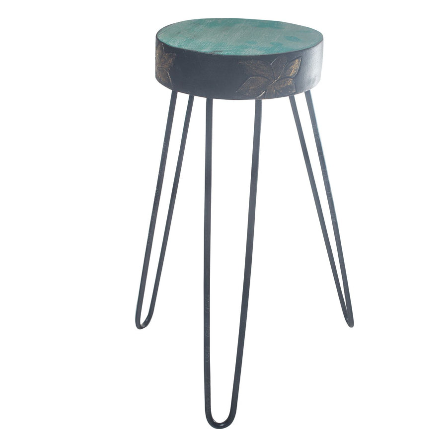 Support à Plante en Bois d'Albasia – Turquoise & Détails Dorés