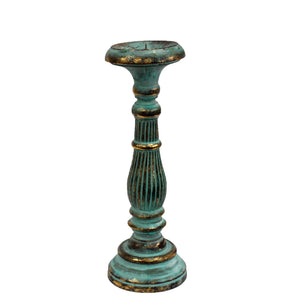 Bougeoir Vintage en Bois Sculpté Turquoise & Or – Modèle Moyen