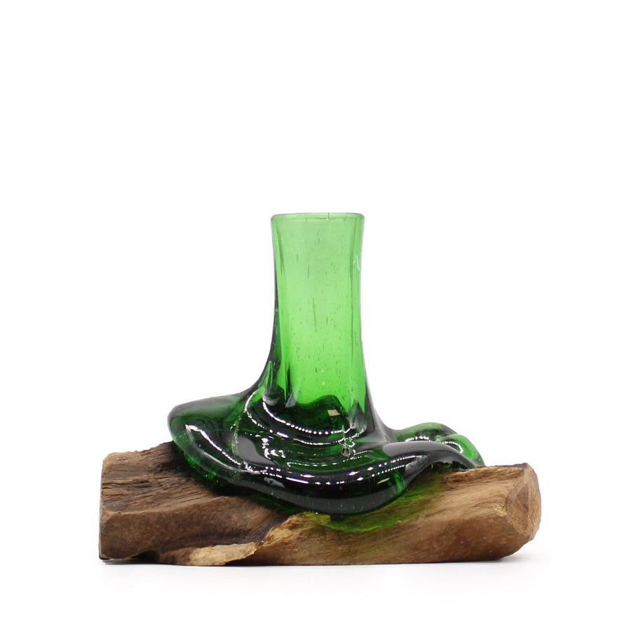 Mini Vase Soliflore en Verre Recyclé sur Socle Bois