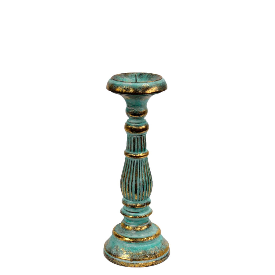 Bougeoir Vintage en Bois Sculpté Turquoise & Or – Petit Modèle