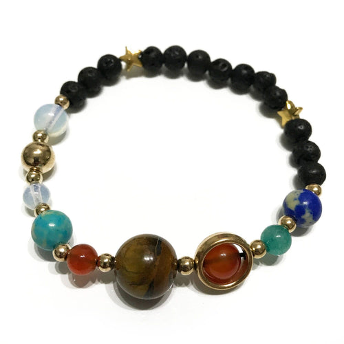 Bracelet en Pierre de Lave – Système Solaire Doré
