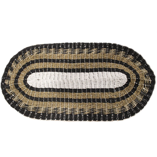 Tapis Ovale en Jonc de Mer Naturel – Noir, Blanc & Fauve – 60 x 120 cm