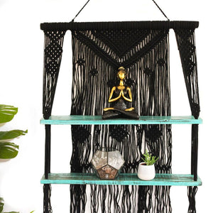 Étagère Suspendue en Macramé Noir – Finition Turquoise