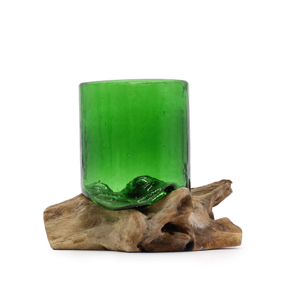 Verre Déco en Bouteille Recyclée sur Socle Bois – 300 ml