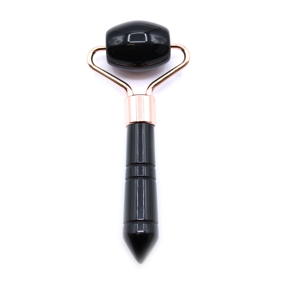 Mini Rouleau de Massage Visage en Obsidienne Noire – 9 cm