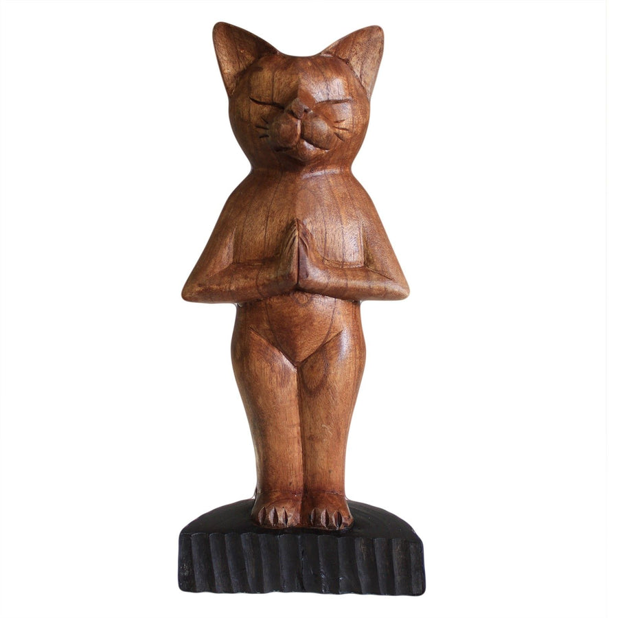 Chat de Yoga en Bois Sculpté – Posture Debout