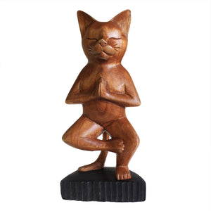 Chat de Yoga en Bois Sculpté – Équilibre sur Une Patte