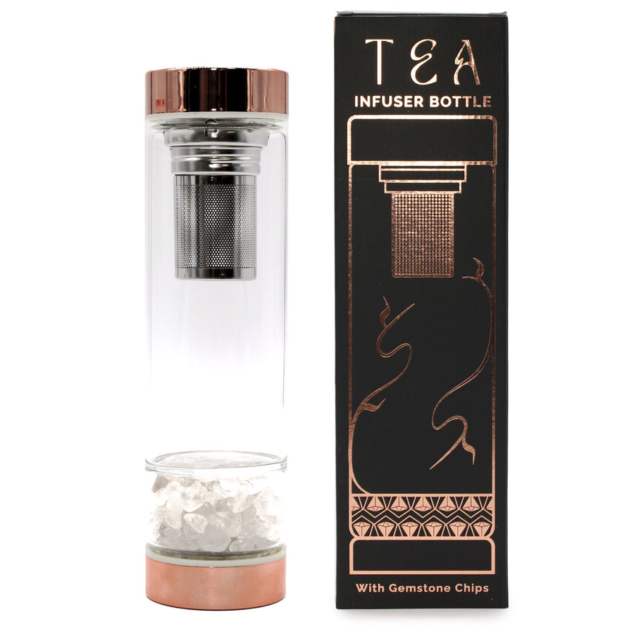 Bouteille Infuseur à Thé en Verre et Cristal – Or Rose & Cristal de Roche