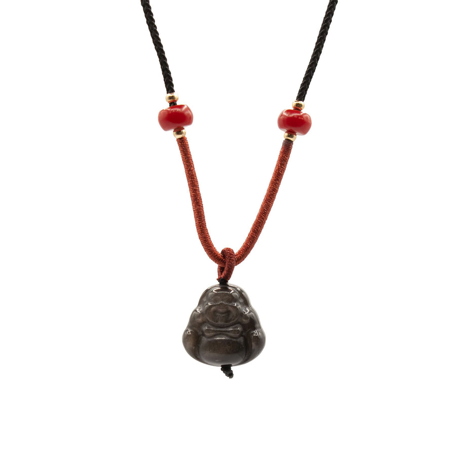 Pendentif Bouddha en Obsidienne Argentée – Cordon Ajustable