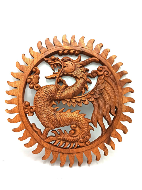 Panneau Mural en Bois Sculpté – Dragon 40 cm