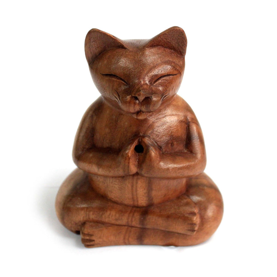 Porte-Encens Chat Yoga en Bois Sculpté Main – Grand Modèle