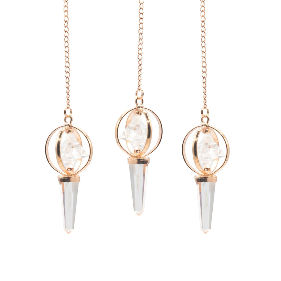 Pendule Merkaba Cristal de Roche & Cuivre – Étoile Tournante
