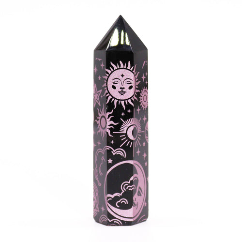 Obélisque en Obsidienne Noire – Symboles Lunaires Rose (~9 cm)