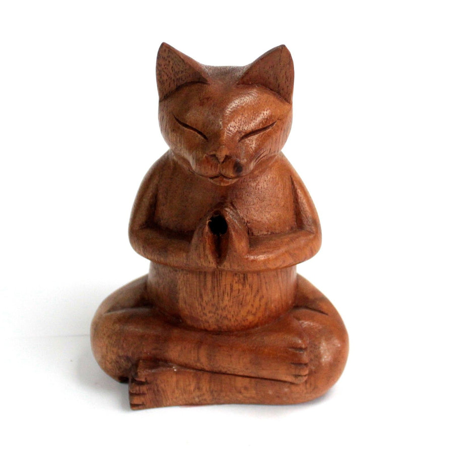 Porte-Encens Chat Yoga en Bois Sculpté Main – Modèle Moyen