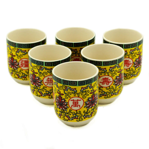 Tasses à Thé en Céramique (Lot de 6) – Motif Oriental Longévité