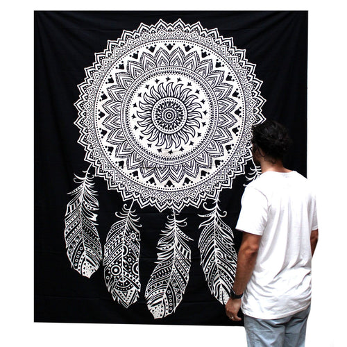 Tenture Murale en Coton – Attrape-Rêves Noir & Blanc