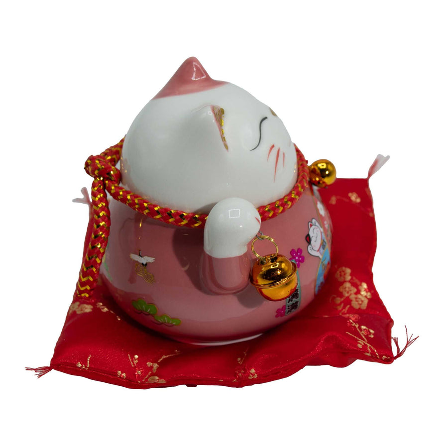 Maneki Neko Céramique Bras Articulé – Rose sur Coussin