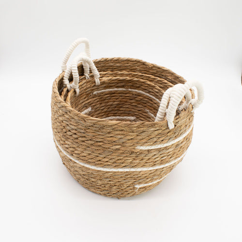 Set de 3 Paniers Coton & Jonc de Mer – Rayures Naturelles