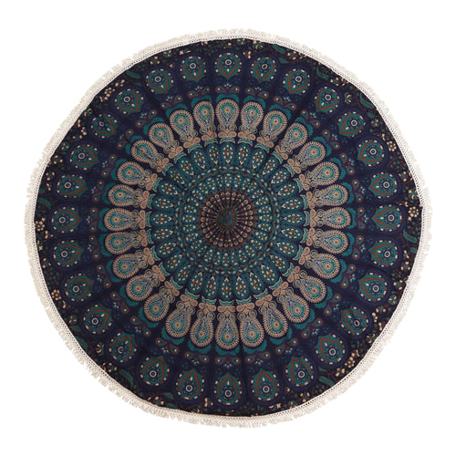 Tenture Murale Mandala en Coton – Bleus Paon (130 cm)