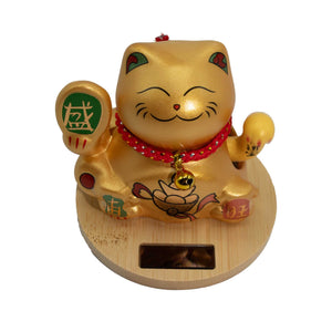 Maneki Neko Solaire Socle Bois – Bras Doré