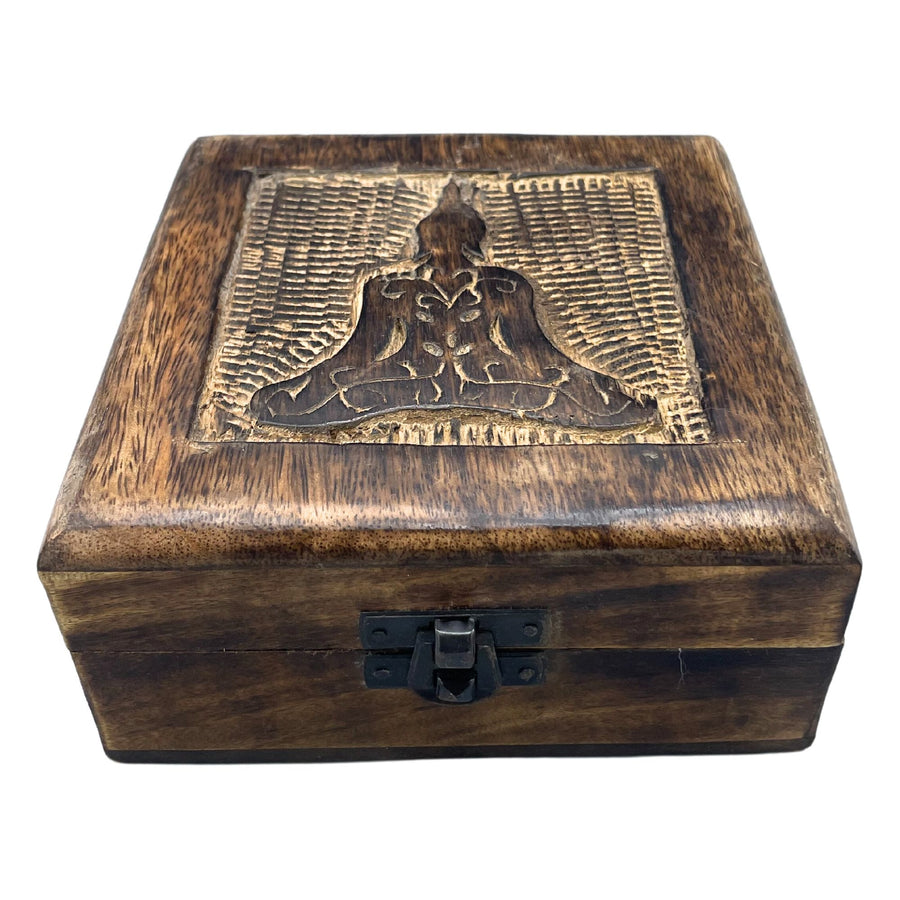 Boîte à Trésors en Bois Sculpté – Bouddha 13x13x6 cm