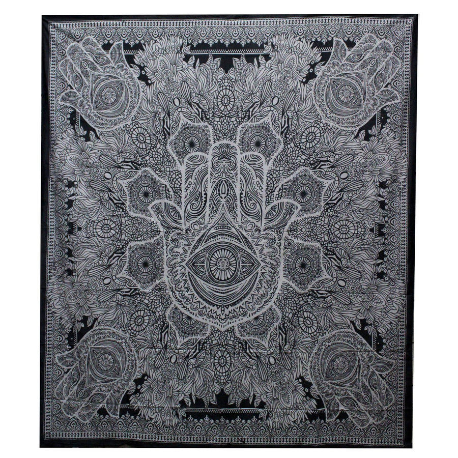Tenture Murale en Coton – Main de Hamsa Noir & Blanc