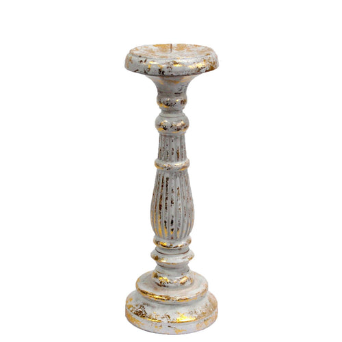 Bougeoir Vintage en Bois Sculpté Blanc & Or – Modèle Moyen