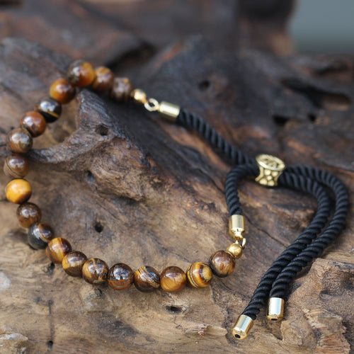 Bracelet en Pierres Naturelles Noir Plaqué Or 18K – Œil de Tigre