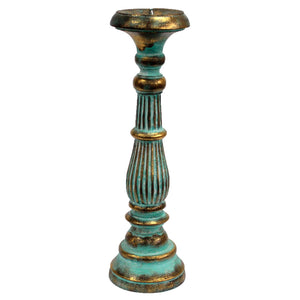 Bougeoir Vintage en Bois Sculpté Turquoise & Or – Grand Modèle
